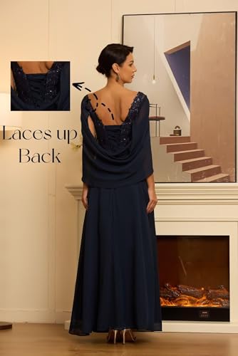 Lace Appliques Mother of The Bride Dresses with Cape for Weding A Line Ruched Chiffon Formal Dress3