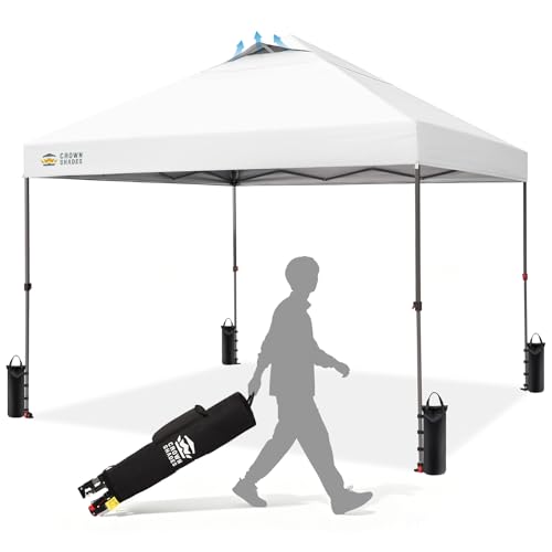CROWN SHADES ワンタッチ タープテント 3m×3m 【セントラルロック組立 3段階高さ調節 収納便利 底輪で移動簡単 通風口設計】 シルバーコーティング生地日除け 断熱 高耐水加工 キャンプ アウトドア ビーチ 運動会 フェスティバルイベント（ホワイト）の商品画像（Amazon）