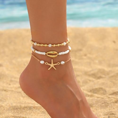 Image of Ankle Bracelets for Women Waterproof Beach Jewelry for Women Elastic Beaded Anklets Boho Seashell Pearl Starfish Anklets for Women Foot Jewelry