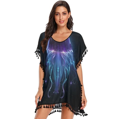 KAAVIYO Sea Cool Jellyfish Women's Beach Cover Up Chiffon Tassel Swimwear Swimsuit Coverups for Girl