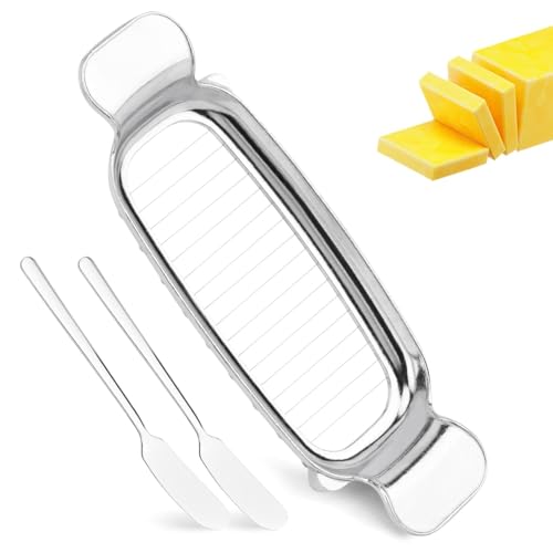 Butter & Cheese Slicer Set, Stainless Steel Cheese Slicer Food Cutter with 2pcs Butter Knife, for Butter, Block Cheese, Fruit Baking, Butter Slicer Cut 18pcs Into 1/4 Inch on Average