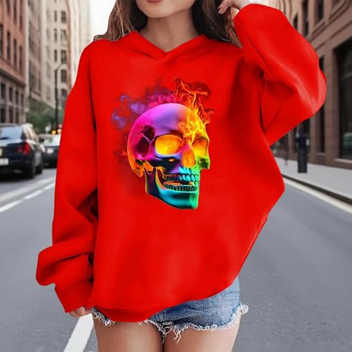 Cute Hoodies for Teen Girls Skull Graphic Hooded Sweatshirt Long Sleeve Halloween Pullover 2025 Winter Hoodies3
