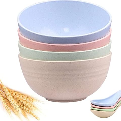 4Pcs Cereal Bowls with Cereal Spoons, Unbreakable 24 OZ Cereal Bowl for Soup Rice Sala, 700 ML Soup Bowl Eco-Friendly Pasta Bowls, Microwave & Dishwasher Safe, Breakfast Bowls for Kids and Adults Cover