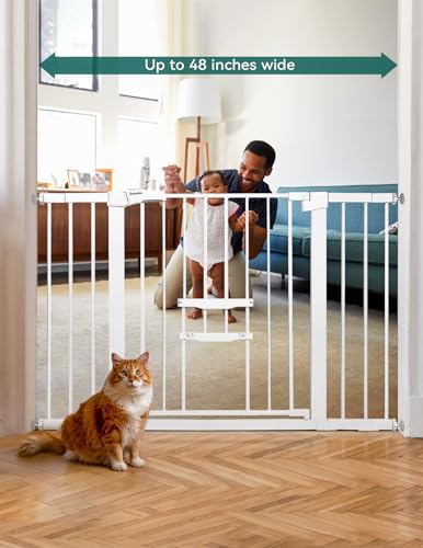 BABELIO 29.5-48" Extra Wide Baby Gate with Cat Door,Auto Close Dog Gate for Stairs & Doorways,Metal Cat Gate,Pressure/Hardware Mounted Pet Gate,Easy Walk Thru,White - Image 3