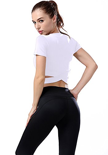 Campeak Women's Yoga Gym Crop Top Compression Workout Athletic Short Sleeve Tank T Shirt White S