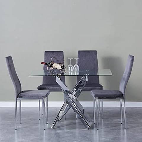 GOLDFAN Esstisch mit 4 Stühlen Modern Glastisch mit Stühlen Rechteckiger küchentisch und 4 Esszimmerstühle Essgruppe, Silber und Grau 120cm Cover