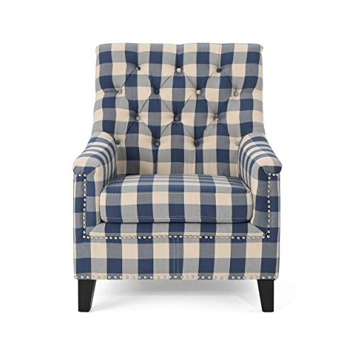 Christopher Knight Home Paul Fabric Tufted Club Chair, Blue Checkerboard, Dark Brown