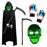 PASLFC Sensenmann Kostüm Erwachsene,Leuchtende Maske Set mit Sensemann Umhang und Sense und Glow Handschuhe,Halloween Kostüm Erwachsene,Kostüm Halloween Herren für Party Karneval Cosplay