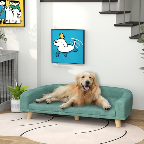 PawHut Hundesofa Hundecouch für große Hunde mit Rückenlehne, Holzbeine Hundebett mit abnehmbarem, waschbarem Bezug Haustiersofa Katzensofa bis 30 kg, 98 x 67 x 25 cm, Grün