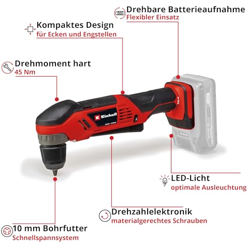 Einhell Akku-Winkelbohrmaschine TE-AD 18 Li-Solo Power X-Change (18 V, 45 Nm, 10 mm Schnellspannbohrfutter, LED-Licht, drehbare Batterieaufnahme, ohne Akku)