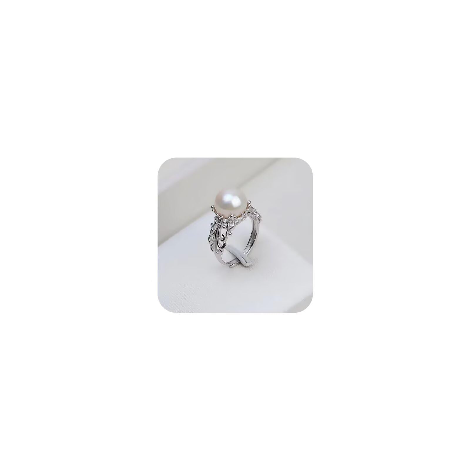 925 Sterling Silver Floral Pearl Ring, Vintage Open Band White Pearl Jewelry with Platinum Plating, Adjustable Nature-Inspired Statement Ring