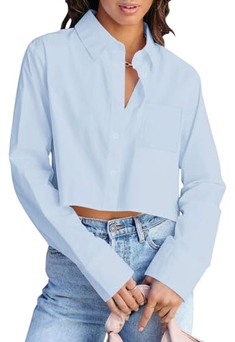 Womens Button Down Cropped Shirts Fall Long Sleeve Crop Blouses 2026 Spring Casual Going Out Tops with Pocket Light Blue,S