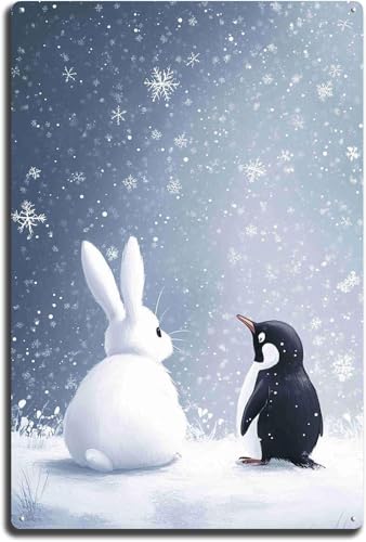 Vintage Metal Tin Sign White Rabbit Adorable Penguin Retro Wall Art Decor Iron Painting for Home Kitchen Cafe Pub 8 x 12 Inch Plaque
