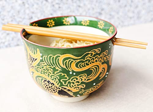 Ebros Gift Colorful Green And Yellow River Koi Fishes With Crystals Ramen Udong Noodles Bowl With Built In Chopsticks Rest And Bamboo Chopstick Set For Kitchen Dining Soup Rice Meal Bowls (1) #TOP4