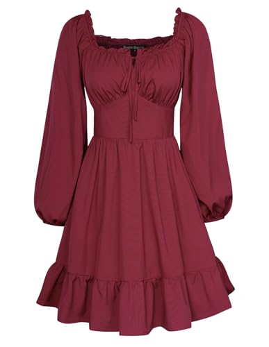 Image of Scarlet Darkness Women's Renaissance Off Shoulder Corset Mini Dress | Puff Sleeve, Lace-Up Front, Smocked, Flowy Fairy, Medieval, Peasant, Cottagecore, for Ren Faire, Pirate, Party, Daily