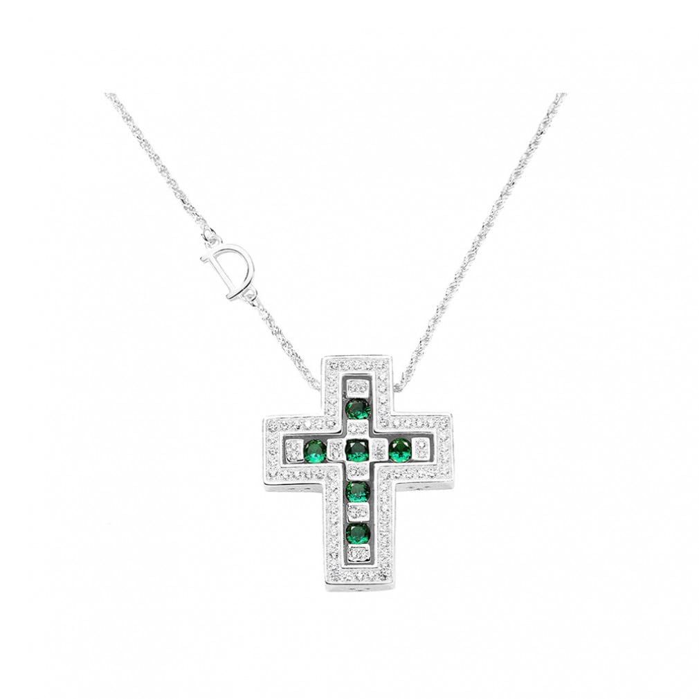ZHUDJCollar de Cruz de Plata de Ley 925 con circonita Verde Colgante de Cruz Grande y pequeño Cadena de Onda de Agua Trenzada Hombre