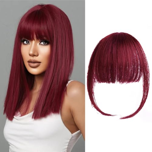 LesafeV Hand Made Human Hair Front Bangs Extension Clip in Neat Flat Wispy Fringe with Temples Smart 6g Forehead Hairline Replacement (Wine Red)