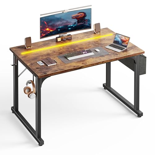 Image of DurayLoly 40 inch Computer Desk with Waterproof LED Lights,Bedroom Study Desk for Teens,Dorm Room Essentials,Headphone Hook&Storage Bag for Small Spaces,Sturdy Metal Frame,Rustic Brown