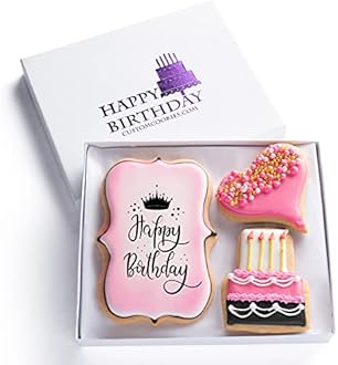 Happy Birthday Gift Basket Custom Sugar Cookies - Happy Birthday Cookies in Gift Box, Hand Decorated Kosher Treats for Women, Her, Wife - Bakery & Dessert Gifts as a Birthday Cake
