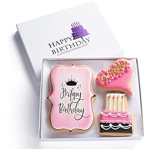 Happy Birthday Gift Basket Custom Sugar Cookies – Happy Birthday Cookies in Gift Box, Hand Decorated Kosher Treats for Women, Her, Wife – Bakery & Dessert Gifts as a Birthday Cake