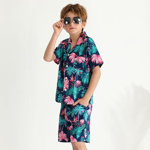Image of Weixinbuy Boys Summer Outfits Short Sleeve Hawaiian Shirt and Shorts Vacation Set for Kids Summer Clothes Set