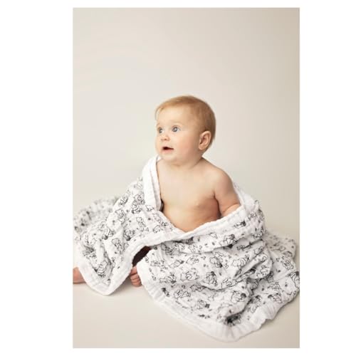 Image of Sugar Lily's- Classic Pooh Black and White with Soccer Ball Motifs,6-Layer Muslin Cotton Blanket, Soft