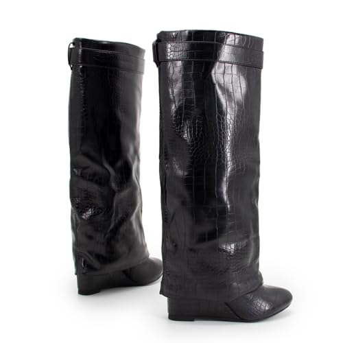 Image of Fold Over Boots for Women Knee High Shark Boots Wedge Heel Flat Shoes | Women's Long Boots, Wide Calf, Fall Winter Shoes