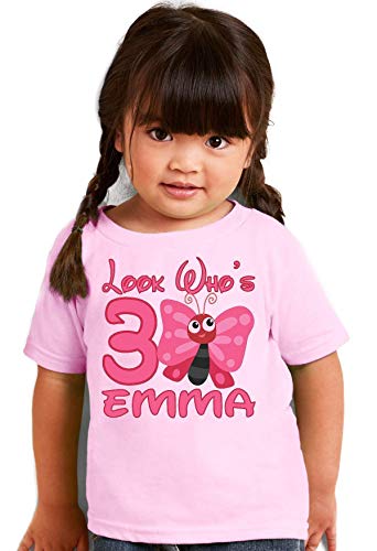 Cute Butterfly Girls Pink Personalized Birthday T Shirt Tee Custom Name Age Gift Look Whos