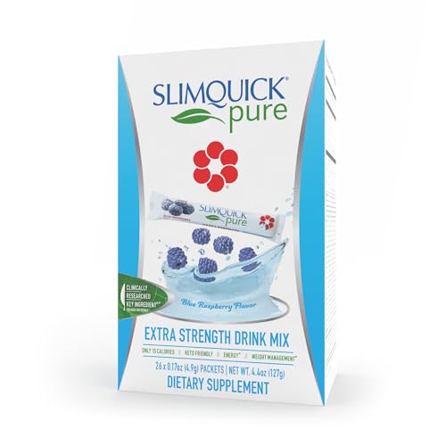 SlimQuick Pure 3X Extra Strength Drink Mix Packets, Metabolism and Weight Management for Women, Helps in Fat Breakdown, with Green Tea, Caffeine, Chaste Tree, Rhodiola - Blue Raspberry 26 Count
