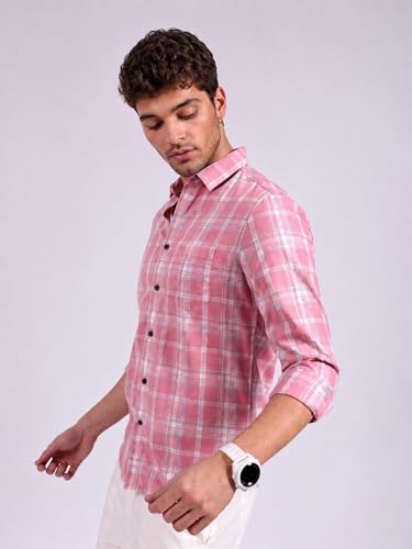 Image of Men's Casual Pink Plaid Button-Down Shirt - Pastel Pink & White, Lightweight Summer Checkered, Slim Fit Long Sleeve Casual Shirt