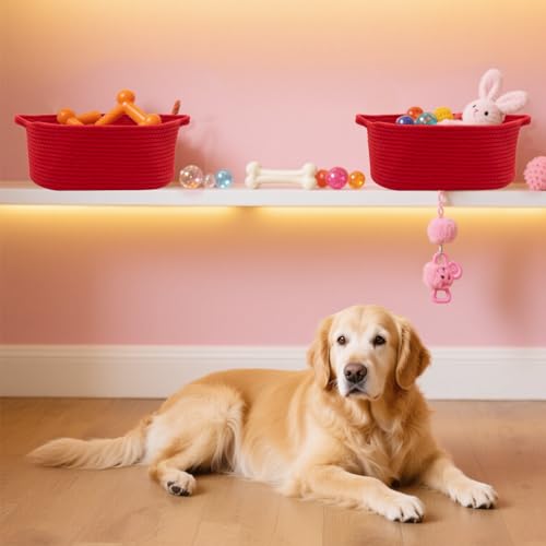 Image of Woven Basket with Gift Bags and Ribbons, 14 inchX 10 inch X 6 inch Storage Basket Red | Gift Storage Organizer Basket Bin Shelf Shelves Cotton Rope Basket for Nursery, Pet Toys