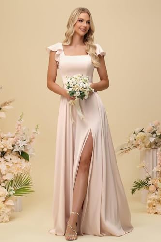 Xijun Satin Bridesmaid Dresses Long for Wedding Ruffle Sleeve Square Neck Formal Evening Dress for Women with Slit3