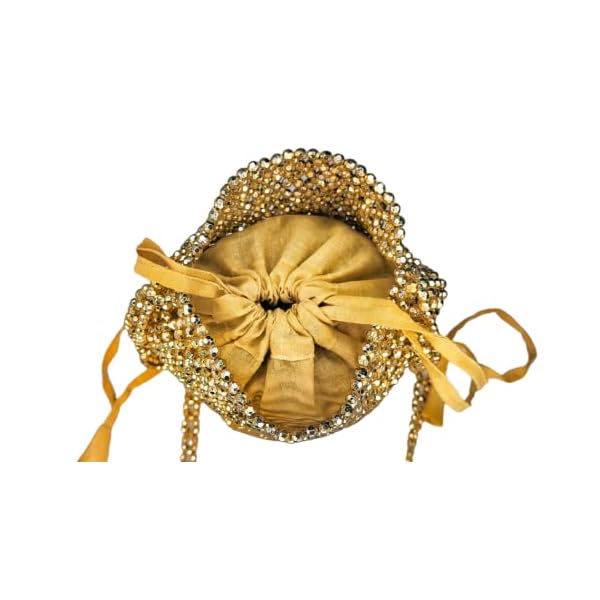 DUCHESS Gold Pearl Handmade Embellished Beaded Tassel Potli Bag For Weddings - Image 5