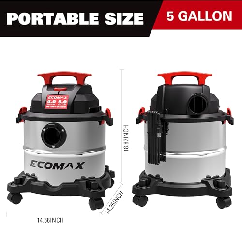Wet Dry Vac 5 Gallon, 4 Peak HP, Portable Stainless Steel Shop Vacuum Wet/Dry with Powerful Suction-85 CFM, 3-in-1 Wet/Dry/Blow, Shop Vacuum for Home, Workshop, Jobsite, EM18115