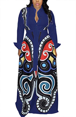 Women's Short Sleeve V Neck Long Maxi Dress Loose African Floral Print A Line Skirt Dresses Plus Size with Pockets Belt