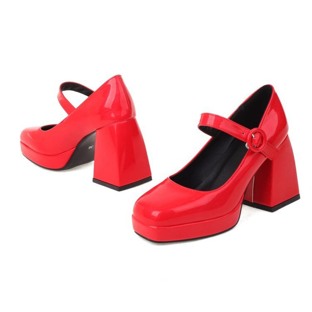 「MUVEIL×Offen」round-MARYJANE 37 Womens Round Toe Mary Jane Mid Block Heel Buckle Strap Shoes