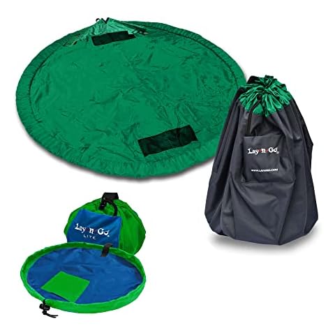 Lay-n-Go 2-in-1 Small Portable Drawstring Toys Storage Organizer and Play Mat for Room and Travel, Made for Kids and Toddlers with a Durable Patented Design, 18 inch, Green/Blue + 60" Green Cover