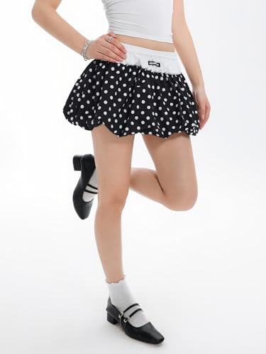 MakeMeChic Women's Polka Dots Short Bubble Skirt Color Block Ruffle Summer Mini Skirts4