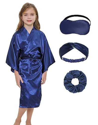 Girls Kids Silky Satin Robe Set for Spa Birthday Wedding Party Flower Girl Robe with Sleeping Mask Hair Band/Ring