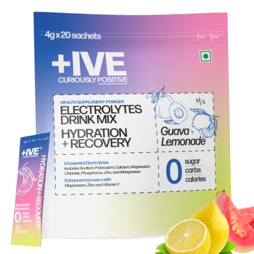 Image of Curiously +IVE(Positive) Electrolyte Powder No Sugar - 20 Sachets | Mix Flavour (Guava + Lemonade) | Zero Sugar, Zero Carbs, Zero Calories | 8 Essential Electrolyte Sachets | Hydration + Recovery | Health Supplement Powder | ORS | Sugar free drink