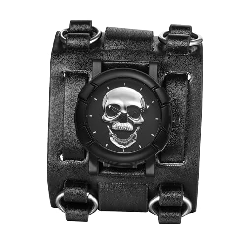 JewelryWe Montre Homme Cuir Crâne: Montre Homme Bracelet Cuir Large avec Cadran Tête de Mort Noir Gothique Punk Biker Montre Poignet de Force Analogique...