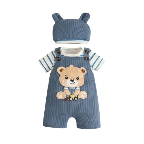 Eqenkely Baby Boy Clothes Newborn Striped Romper T-Shirt with Bear Suspender Overall Shorts Cute Hat 3Pcs Set Summer Outfits 0-18 Months Bear 12-18 Months