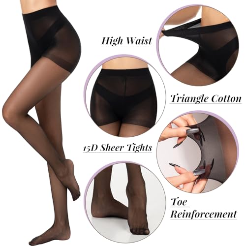 2 Pairs Black Sheer Tights for Women 15D Not Rip Control Top Pantyhose High Waist With Reinforced Toes3