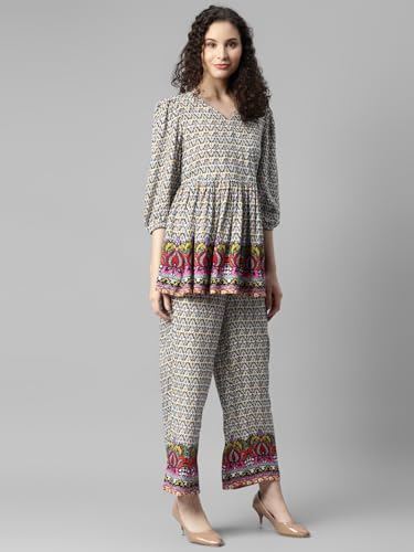 Image of DEEBACO Women's Ethnic Motif Print Rayon Top & Pants Co Ord Set For Women V Neck 3 /4 Puff Sleeve Ladies Party Casual Wear Fashionable For Girls Loose Fit Cord Set (DBCOMR00000979 M Multicolor)