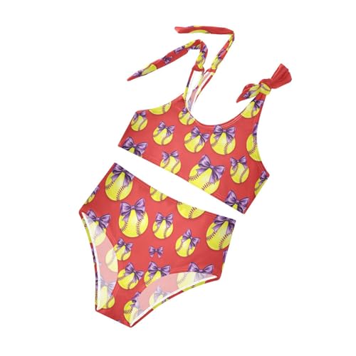 Image of Girls Swimsuit Two Piece Swimwear Bikini Set Pink Bow Softball Bathing Suit for 3-12T,