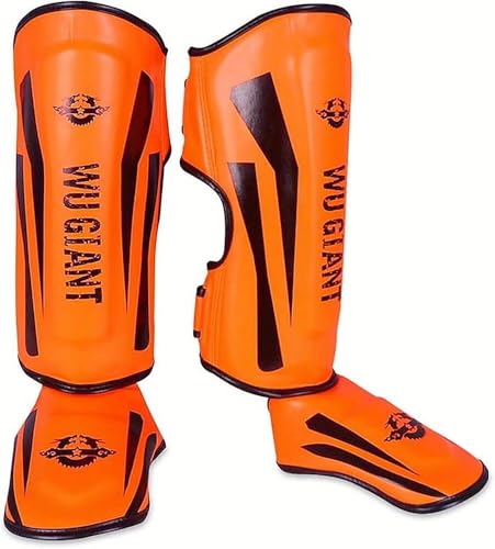 FenLinJun レガース 【格闘技用レッグサポーター】PUレザー&三重構造内張り ひざサポーター すね当てプロテクター キックボクシング 空手 柔道 総合格闘技 に最適 軽量ムエタイ用すね当て 足すね甲ガード 伸縮性パッド入り脚足プロテクター (オレン