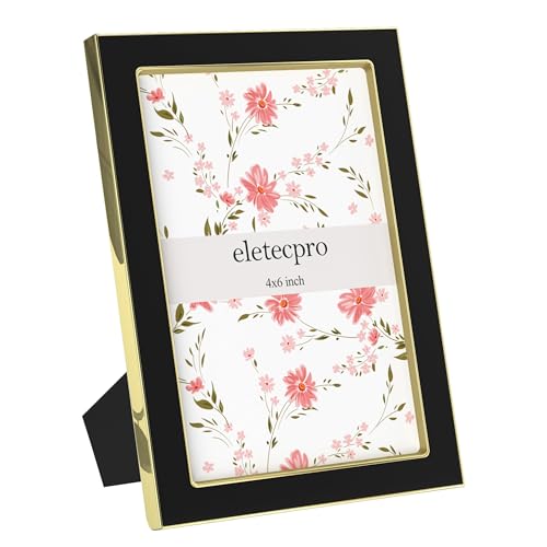 Image of eletecpro 4x6 Enamel Picture Frame Set of 2 with Real Glass Cover, Cute Photo Frame with Gold Metal Edge, Horizontal and Vertical Display Pictures 4 by 6 for Tabletop and Wall Decor, Black