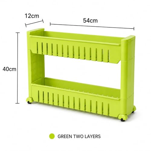 Image of JD FRESH 2-Tier Slim Rolling Storage Organizer Rack /Fridge Side Storage Rack /Plastic Trolley Storage Stand with Wheels /Floor Standing Cabinet for Bathroom and Kitchen Corner Area (Green)