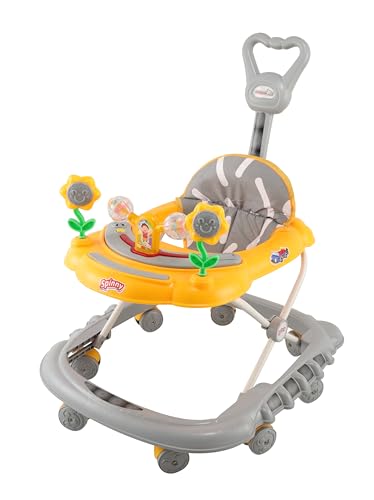 Image of JoyRide Spinny Spinner 8 Wheels Baby Walker, Adjustable Height,Parentle Handle, Comfortable Seat, Music and Light, 360 Degree Rotation, Maximum Weight: 12 kg (Yellow Grey)