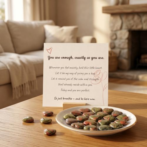 Image of QINJIEJIE 20 PCS Unakite Heart Crystal Green Red Healing Crystals Natural Cute Stones Pocket Healing Palm Love Bulk Set Wholesale Reiki Energy Balancing Meditation Mother's Day Gift